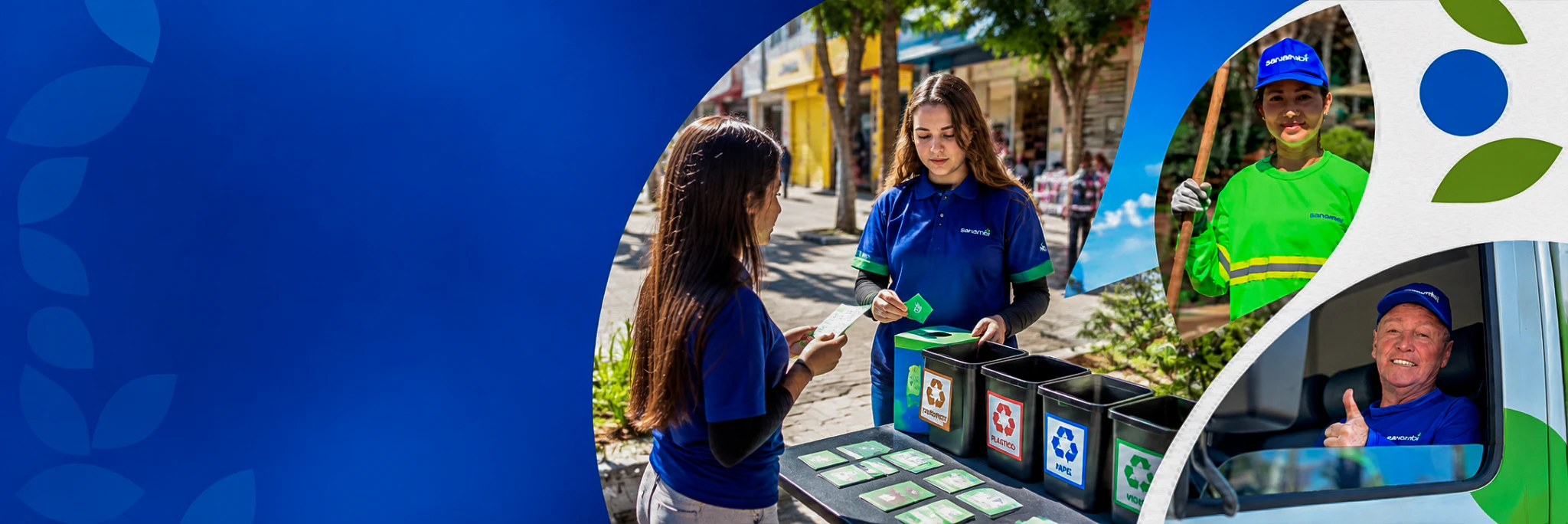 Colagem institucional da Sanambi com ações de educação ambiental, colaboradora e motorista
